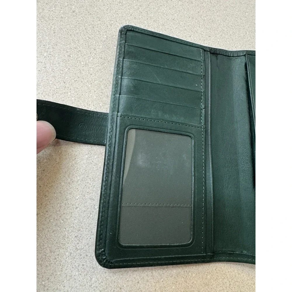 Vintage Coach Green Bifold checkbook Wallet Solid Logo with ID Window slots